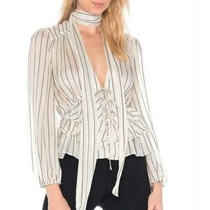 Line & Dot Jacqui Blouse Ivory Striped Ruffle Blouse Tie Neck Long Sleeve‎ Small